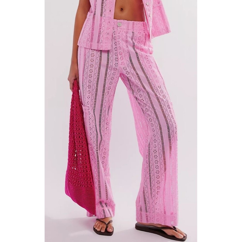Damson Madder Alys Vacation Pant Trouser Eyelet Wide Leg Cotton Pink L 287422